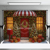Aperturee - Aperturee Christmas Storefront Photography Backdrop Festive Red Door with Fairy Lights Snowy Holiday Photo Background